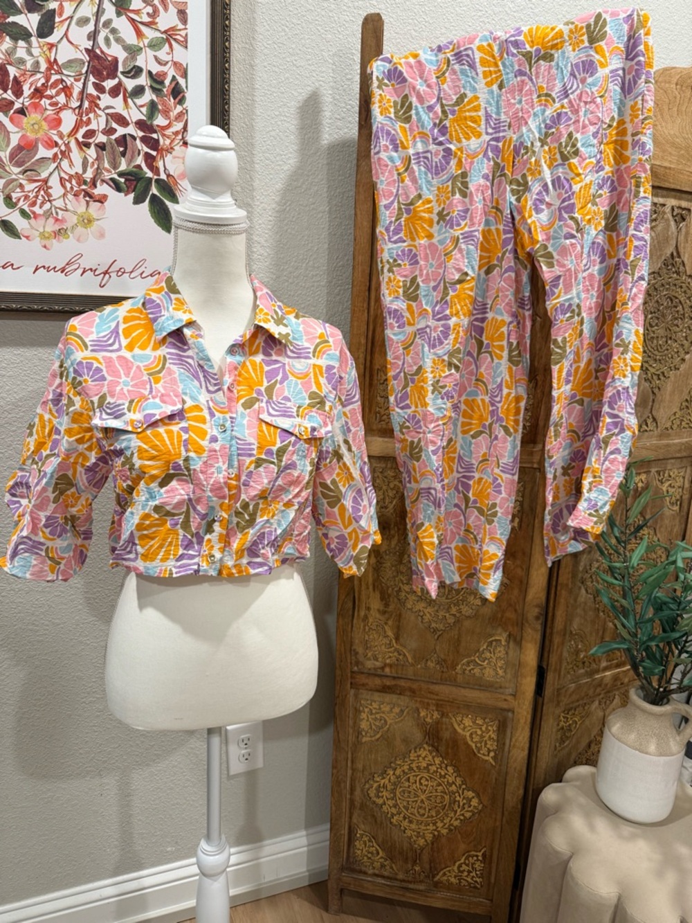 Mink Pink Floral Crop Shirt & Pants Set - Pink Multi 0009